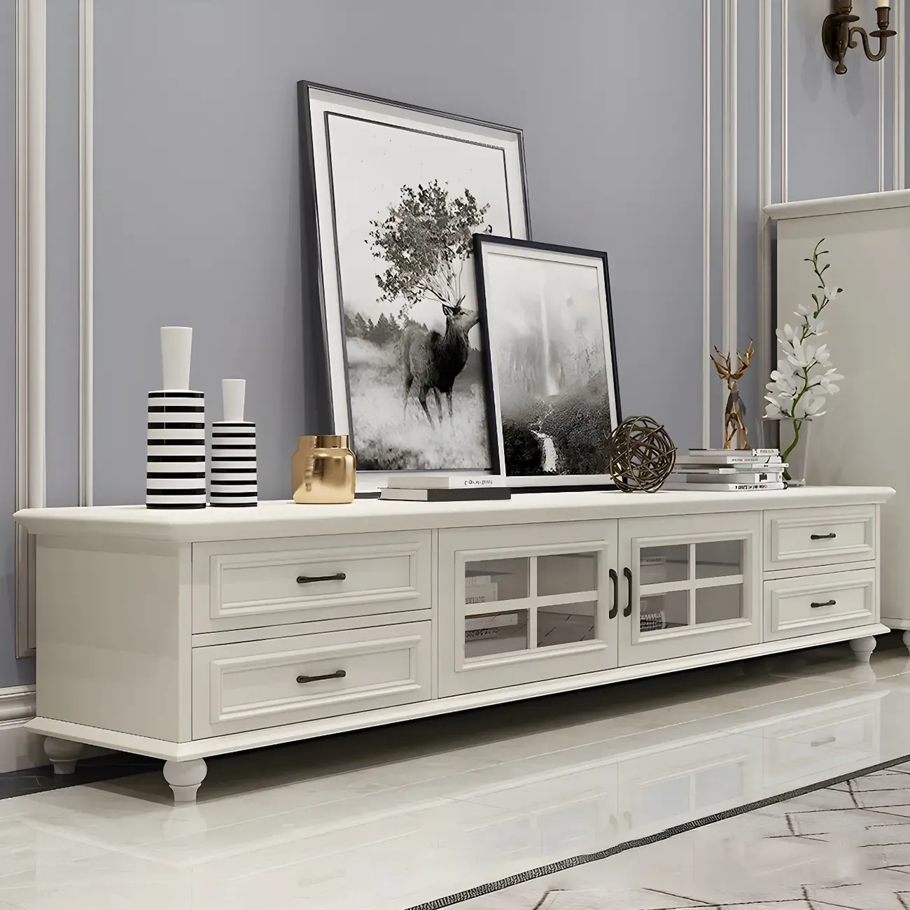 63 Adjustable White Wood TV Stand with Cable Management