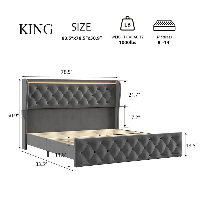 Velvet Upholstered Bed Frame with Wingback Headboard