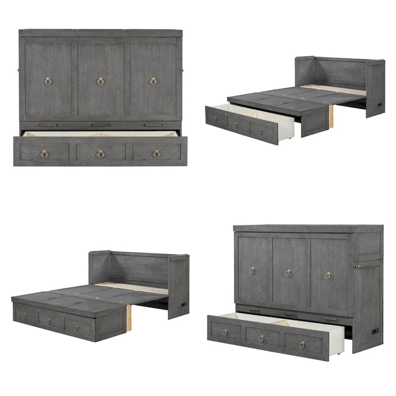 Queen Size Wood Murphy Bed with USB Port Module and Drawer