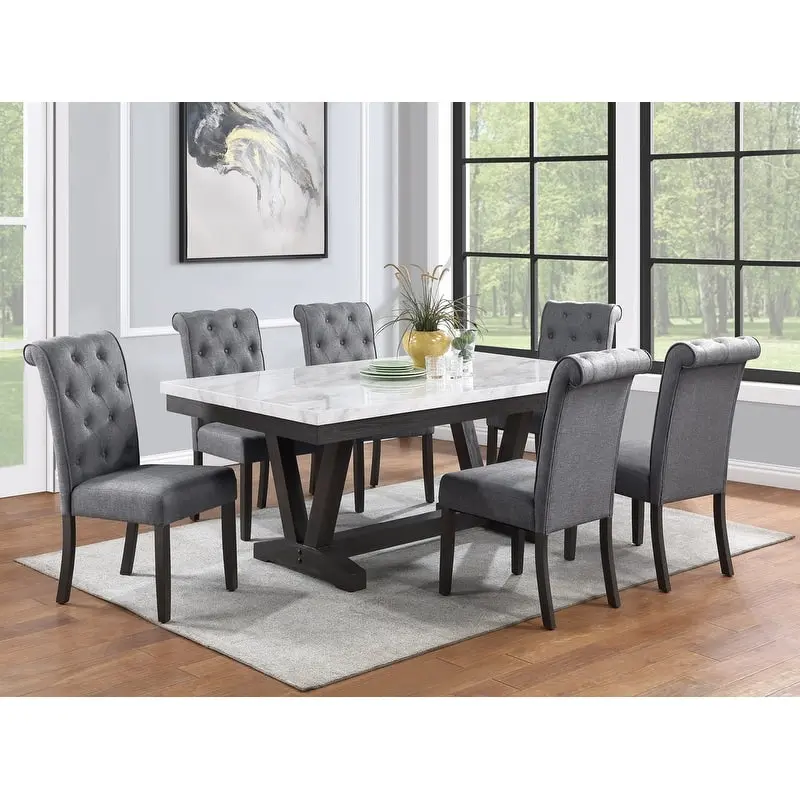 Grey Faux Marble Dining Set - 7 Piece Table and Chairs