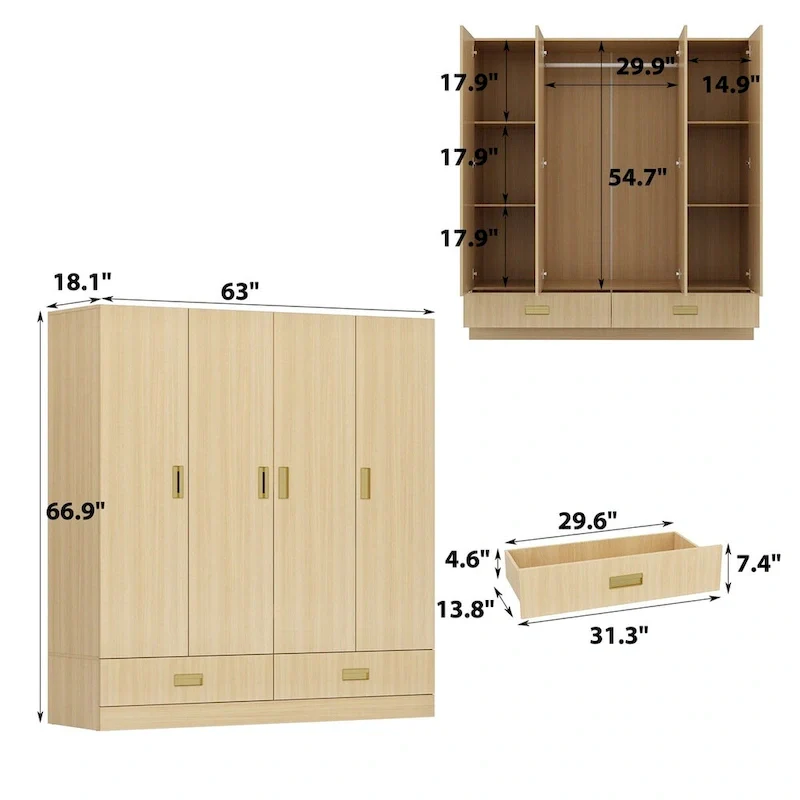 Wardrobe Closet Cabinet with Gold Handles and Optional Top Cabinet