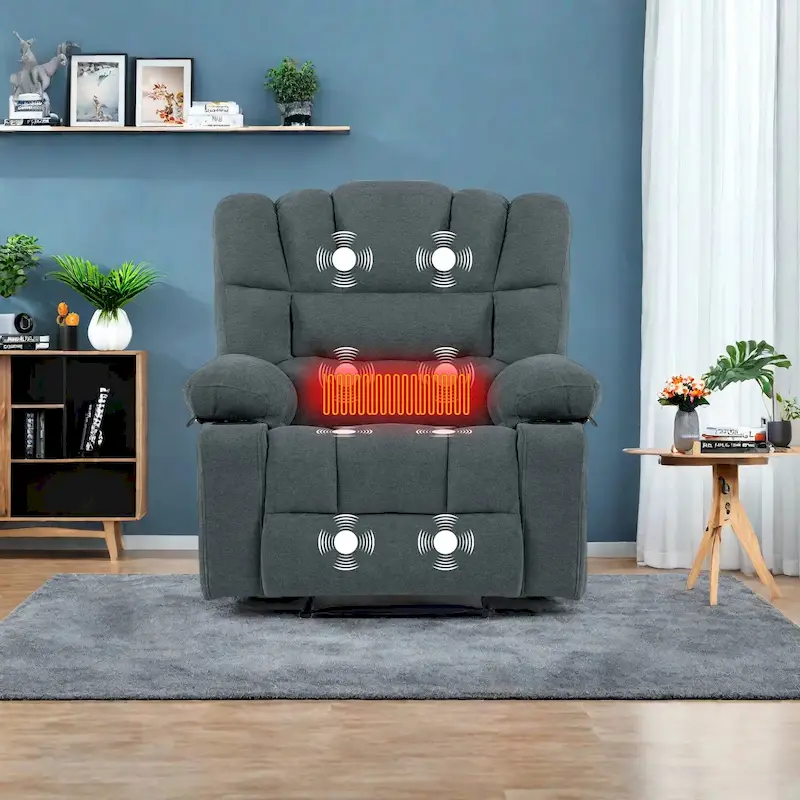 Grey Chenille Manual Recliner Chair with Massage & Lumbar Heating, Single Seat