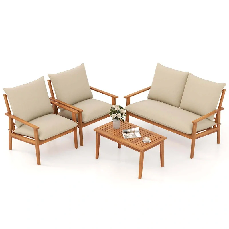 Costway 4 PCS Acacia Wood Patio Furniture Set with Soft Cushions and - See Details