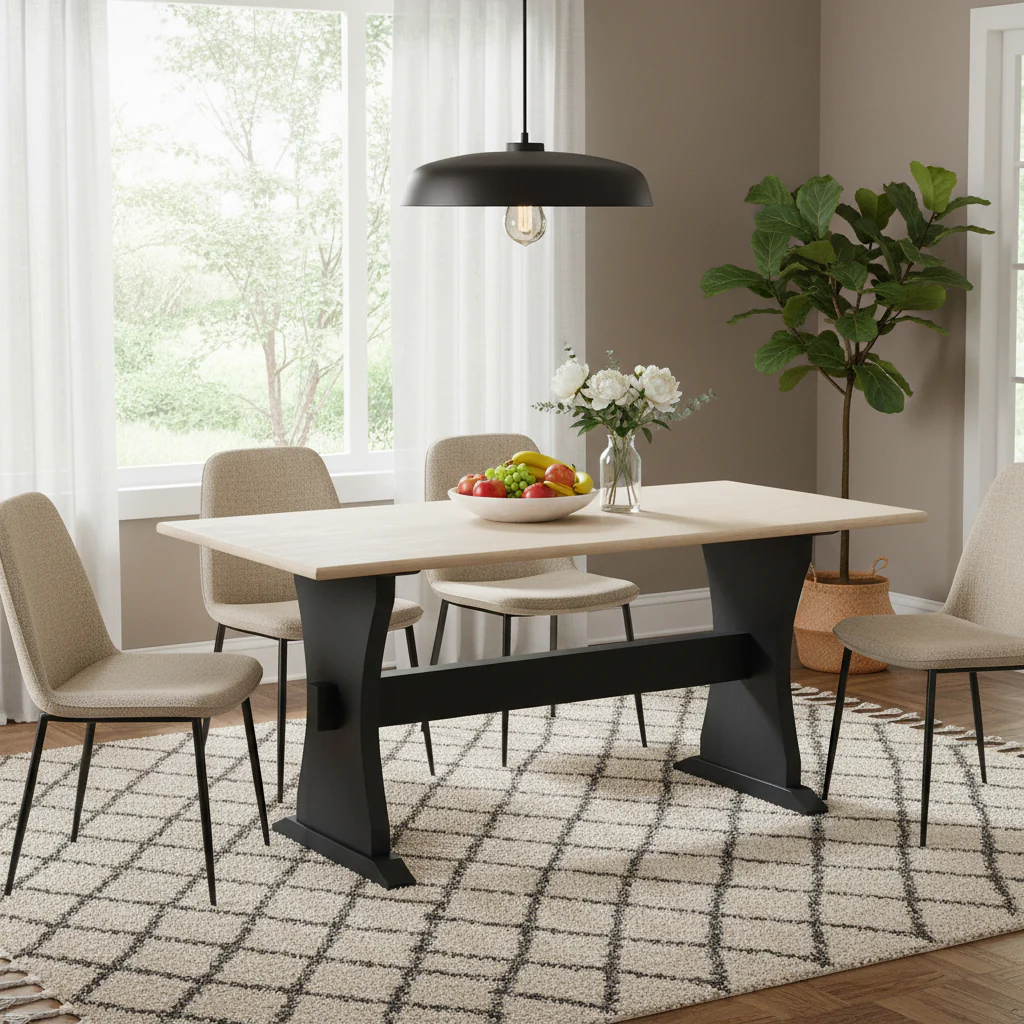 Ivory Black Marble Top Console Table – Classic Style, Trestle Base, for 1 Room