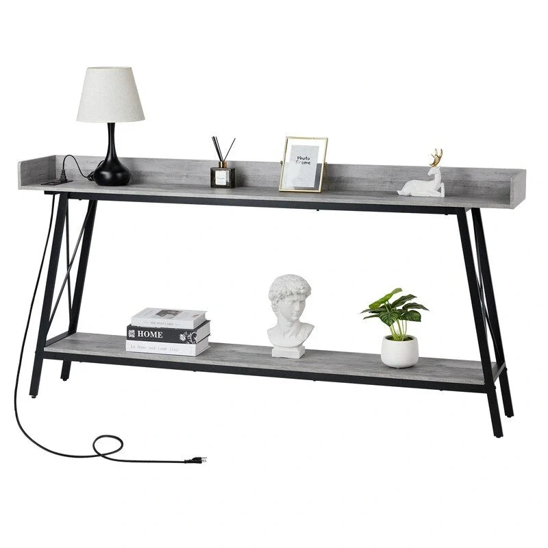 70.9 inch Console Table with 2 Power Outlets and USB Ports, Rustic Industrial Sofa Table for Living Room