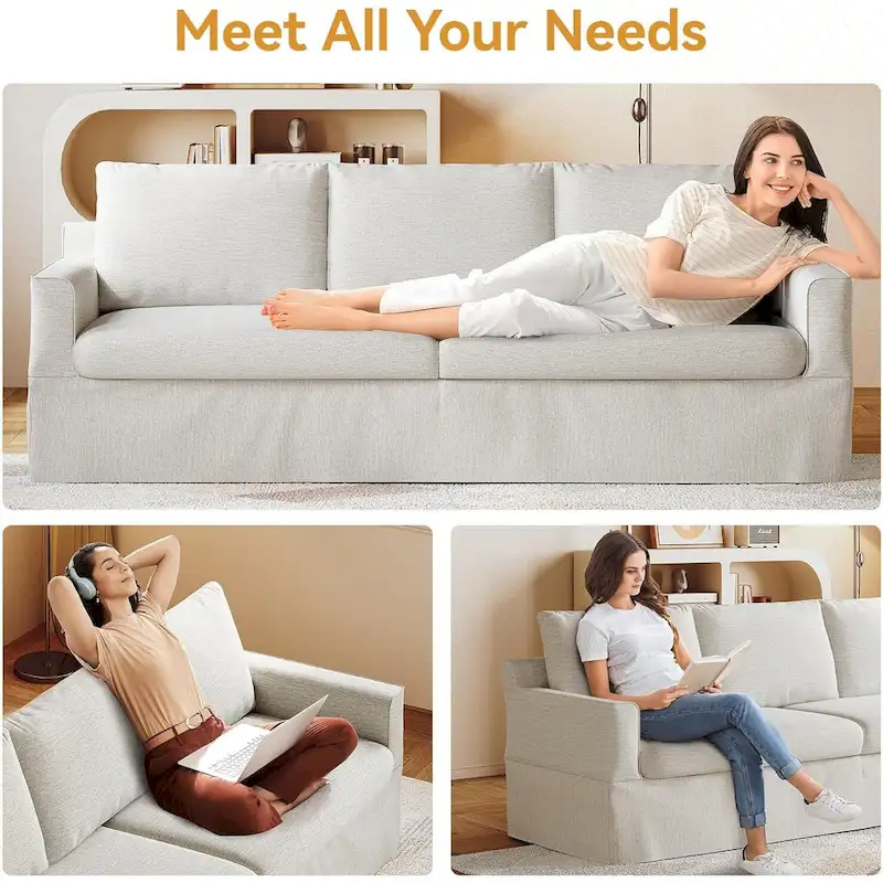 93 Modern 3-Seater Sofa Couch with Deep Seats and Removable Slipcover