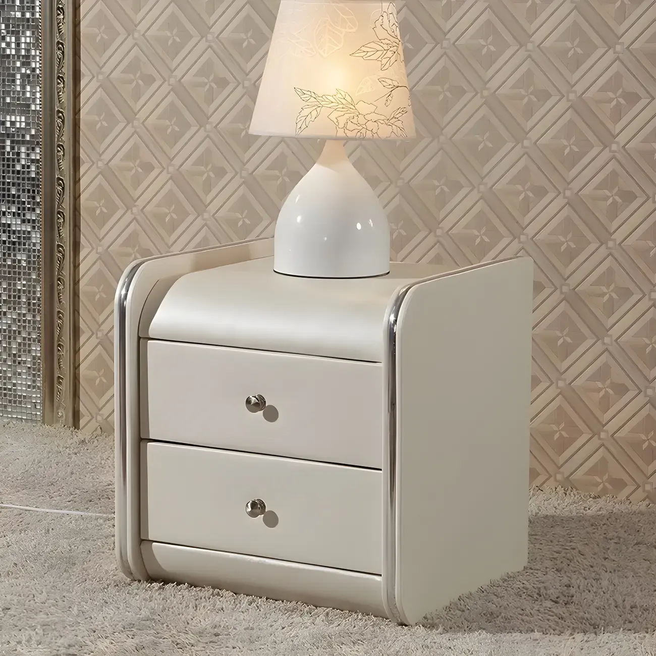 Luxurious Glossy Leather Wooden 2 Drawer Black Nightstand