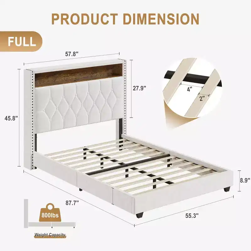 Whizmax Velvet Upholstered Platform Bed Frame With Storage Headboard, Nailhead Trim Wingback Headboard, Wood Slats Support, Off White