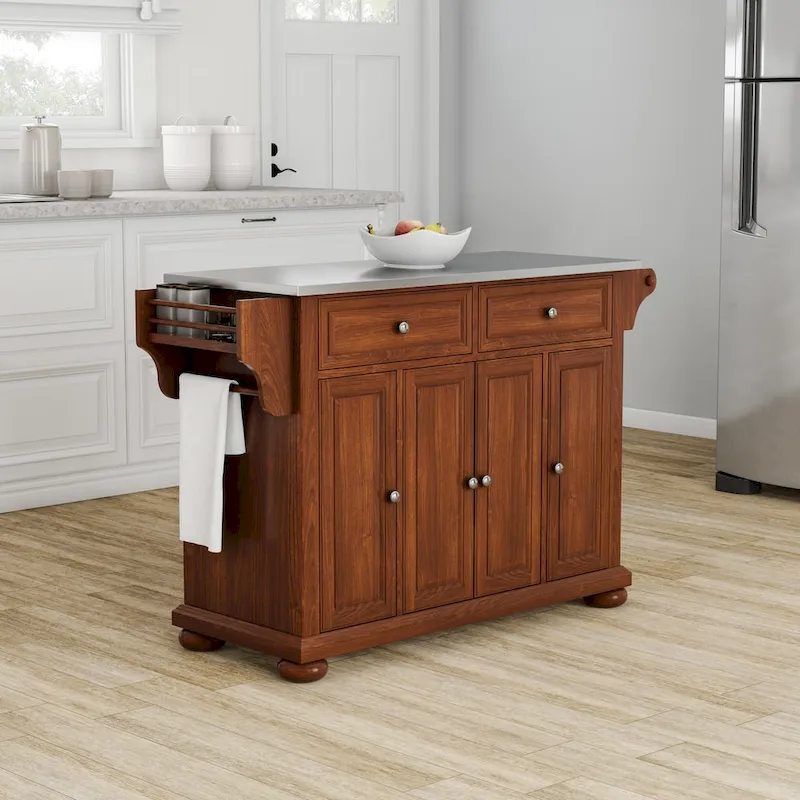 Full Size Kitchen Island with Stainless Steel Top, 3 Cabinets & 2 Drawers - Cherry - 51.5W x 18D x 34H