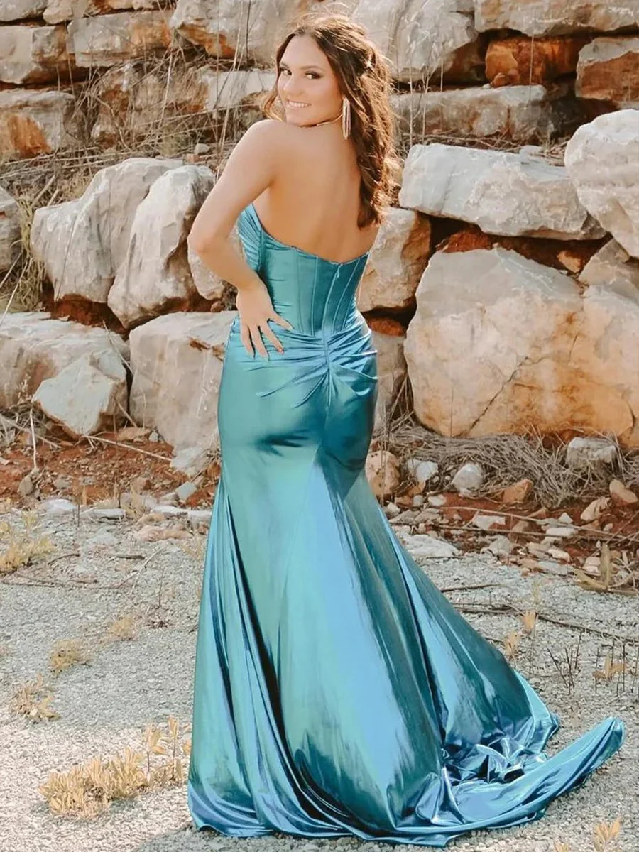 Mermaid Sweetheart Strapless Metallic Empire Prom Dress With Side Slit
