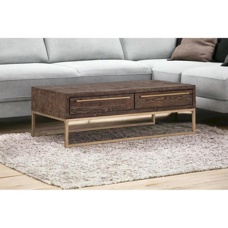 HomeRoots 47 Dark Brown And Gold Metal Coffee Table With Drawer - 46.5