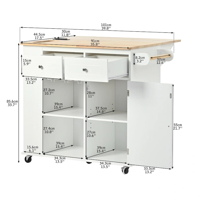 Adjustable Shelves Kitchen Island with Power Outlet and Drop Leaf