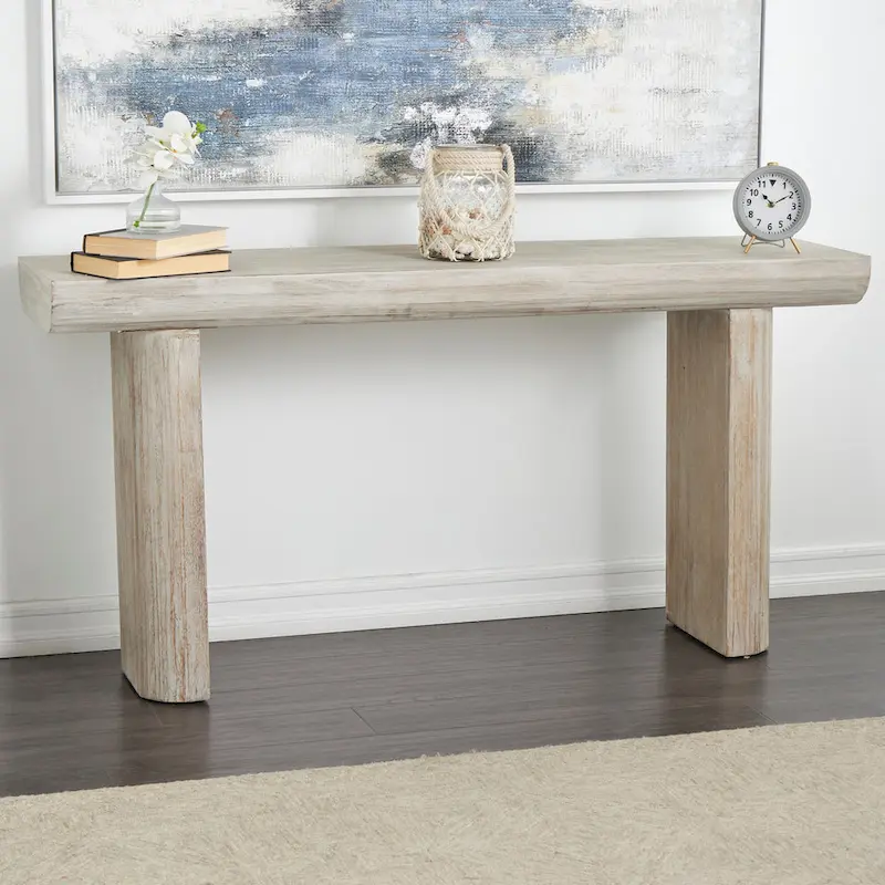 Beige Minimalist Fir Wood Console Table with Block Legs & Bottom Shelf, 63 Inch