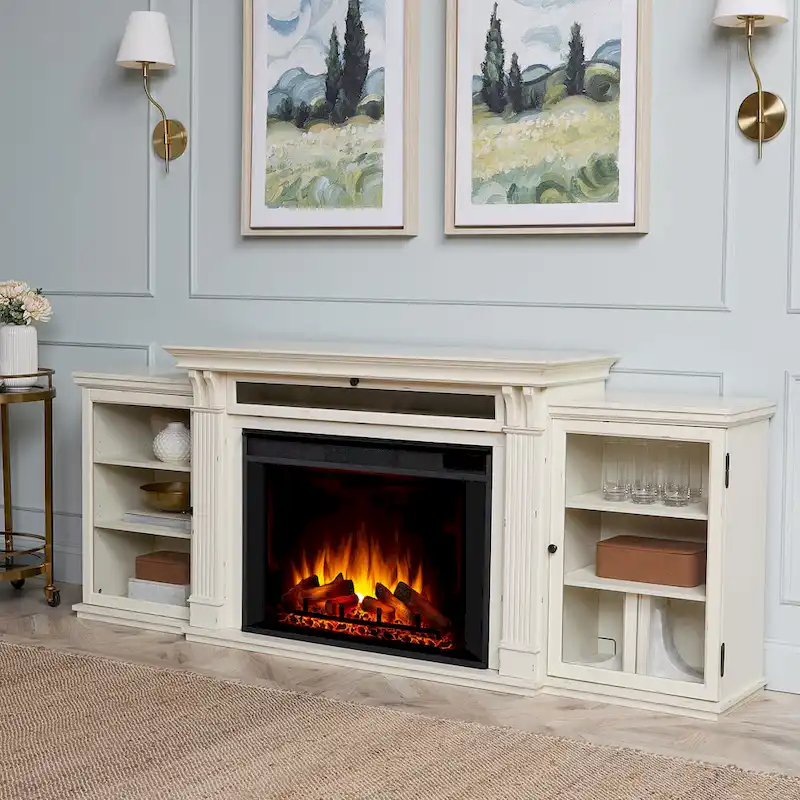Tracey 84   TV Stand Electric Fireplace in Distressed White by Real Flame