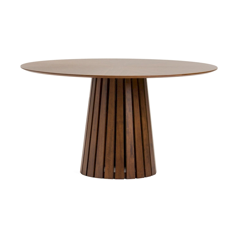 Cid Xeu 54 Inch Dining Table, Round Walnut Veneer, Slatted Pedestal Base