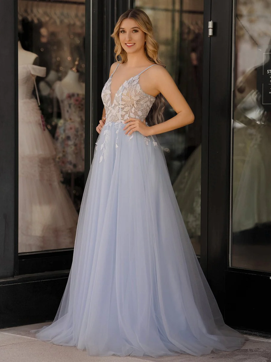 Light Blue V Neck Lace-Up Appliques Tulle Long Prom Dress