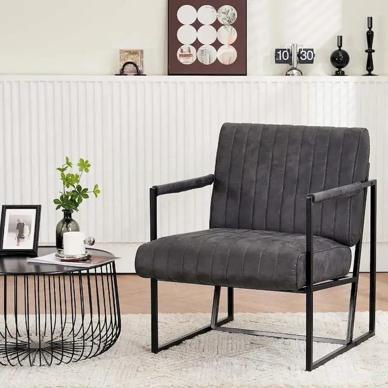Brown / Black / Gray Blue Striped Upholstered Accent Armchair, Single Seat, Indoor & Outdoor