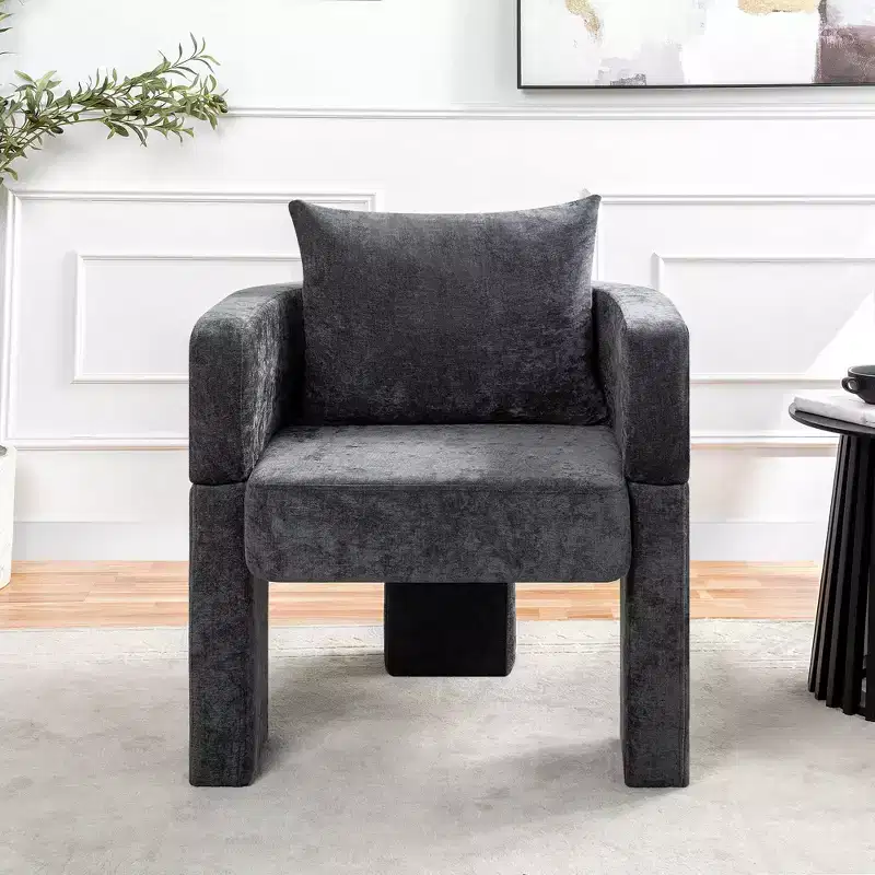 Modern 3-Leg Chenille Accent Chair with Ergonomic Arms Removable Pillow 260lbs Capacity Small Space Armchair Grey