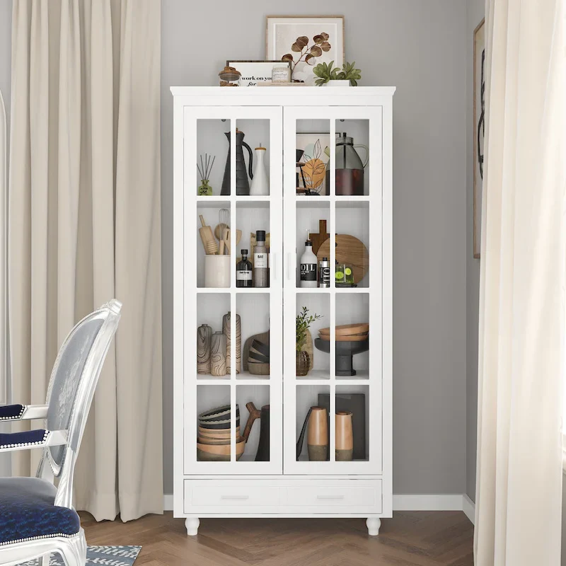 White Glass Door Display Cabinet, 2-Door Bookcase with Drawer, 36.2