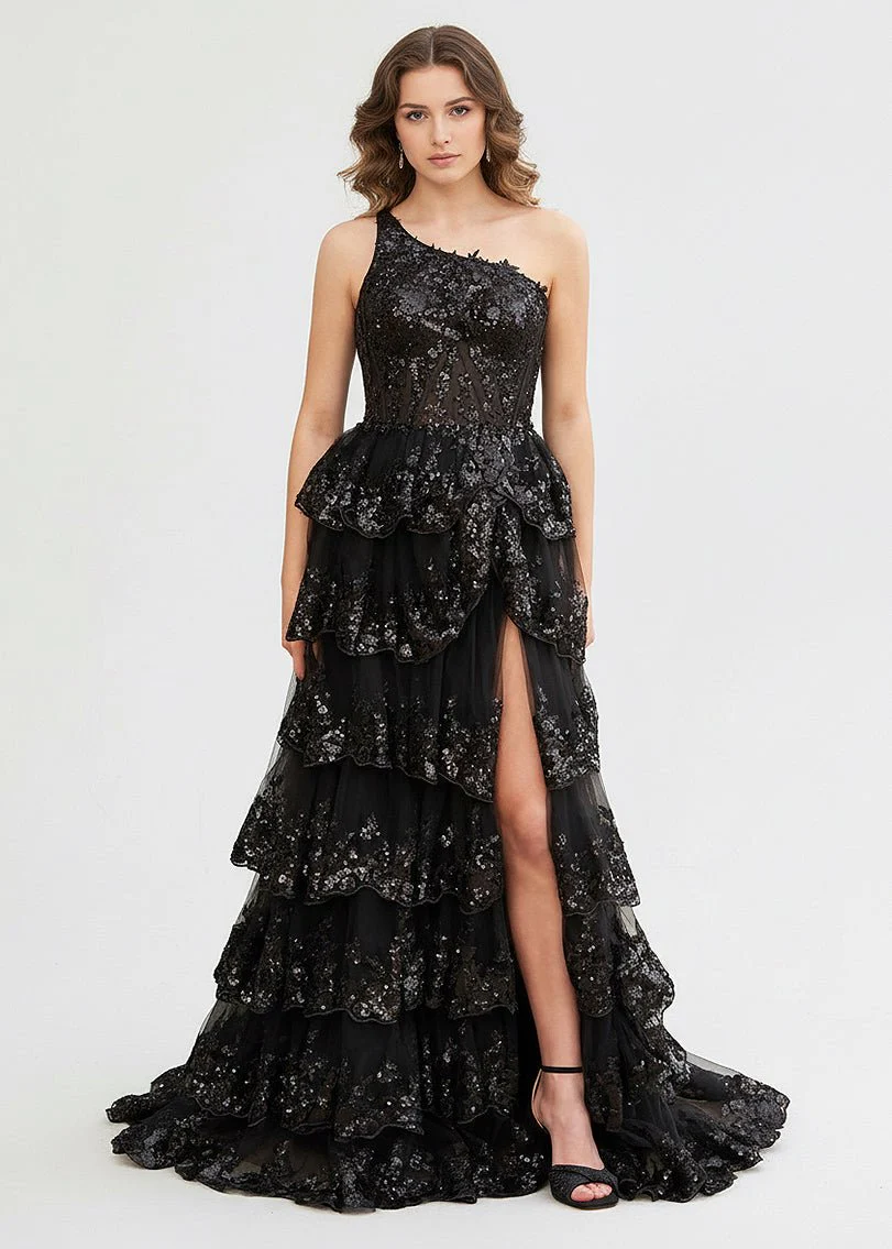 Sheath One Shoulder Tiered Lace Long Prom Dress