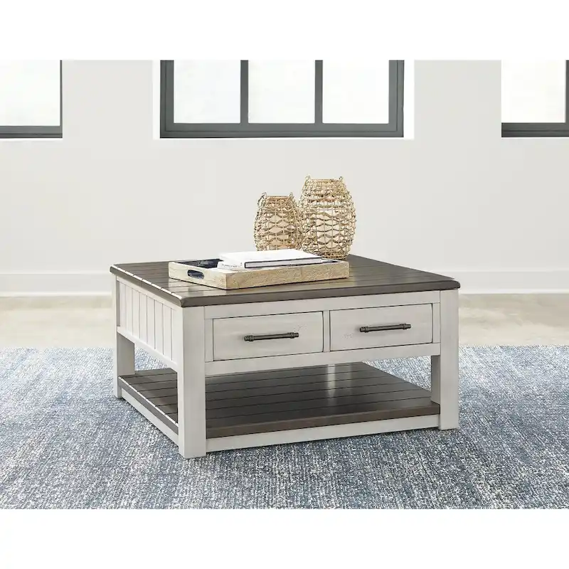 Farmhouse Gray/Brown Lift-Top Coffee Table with Drawers and Casters - 35.5W x 35.5D x 19.38H