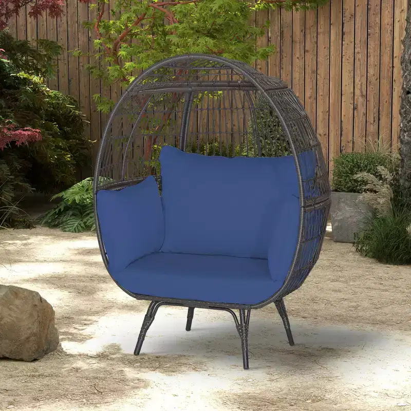 Gymax Extra-Large Rattan Wicker Egg-Shaped Lounge Chair with Four Cushions for Indoor and Outdoor Use Navy/Off White