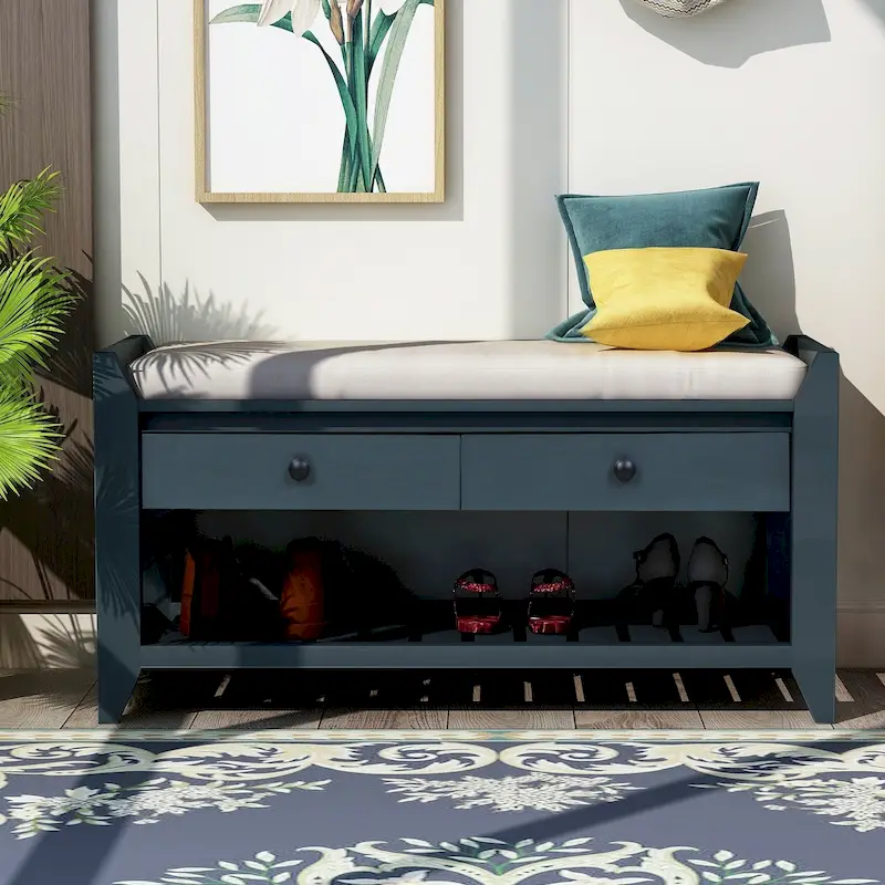 Modern Multipurpose Entryway Storage Bench With Upholstered Seat and Drawers