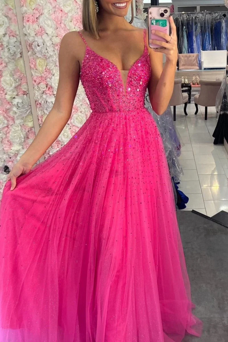 Straps Neon Pink Beaded A-Line Long Formal Dress