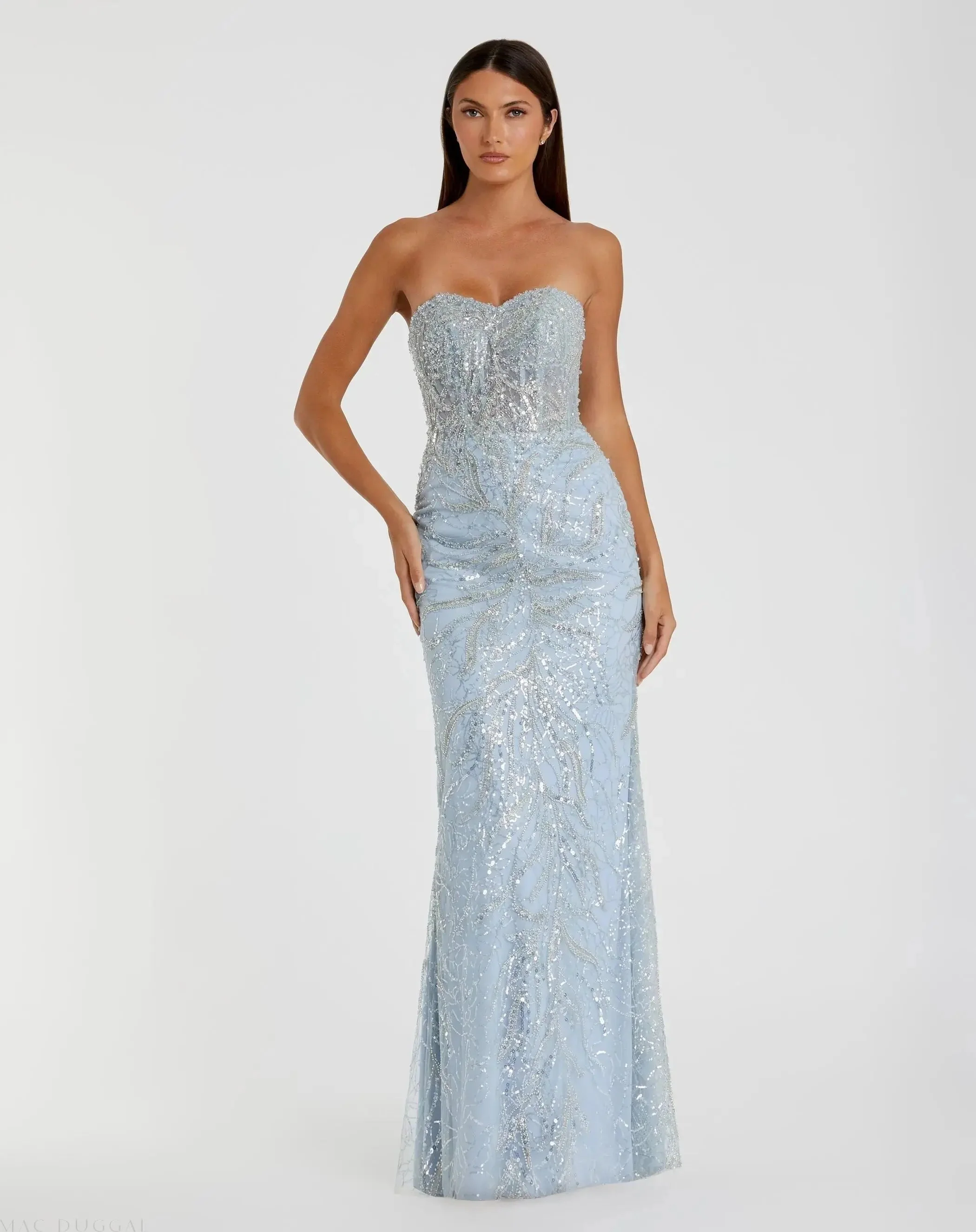 Blue Strapless Embellished Trumpet Gown