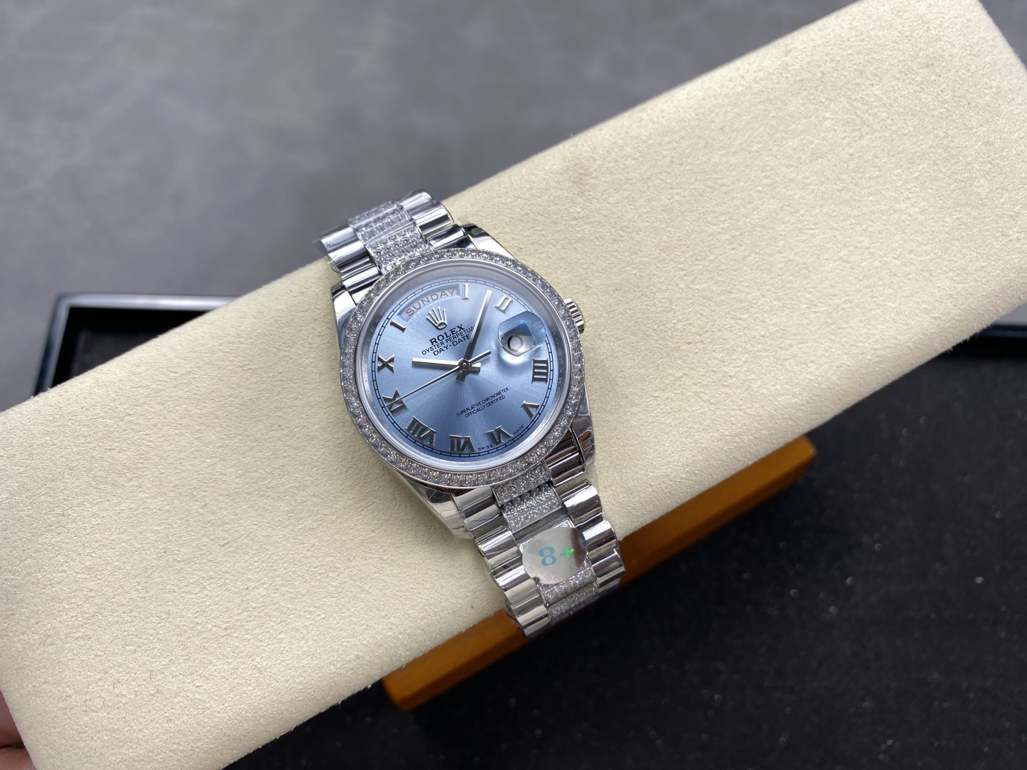 Rolex Day-Date replica on beige watch cushion display view