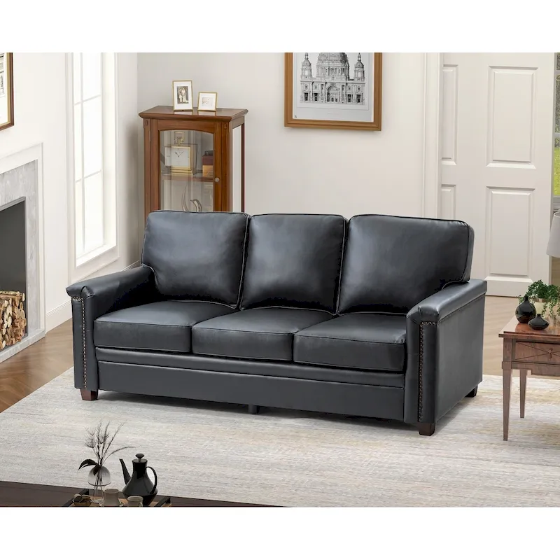 3-Seat Leather Sofa with Nailhead Trim – Navy / Turquoise / Black / Brown / Camel, Solid Wood Legs
