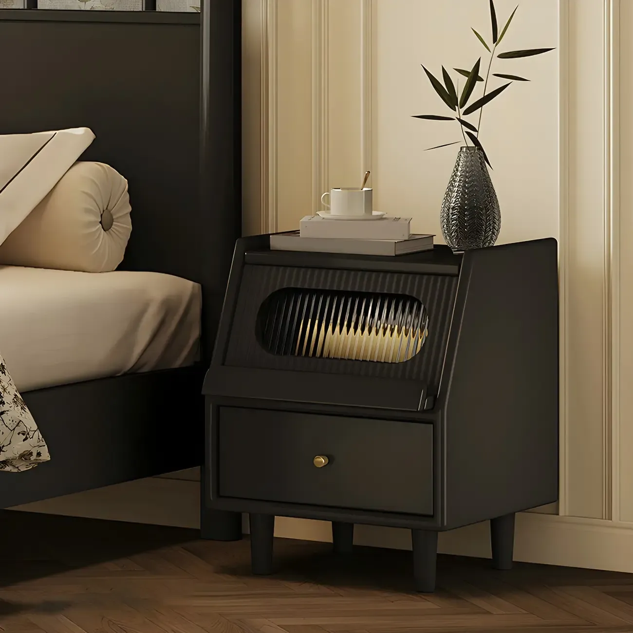 Narrow Black Wooden Drawer Storage Bedroom Nightstand