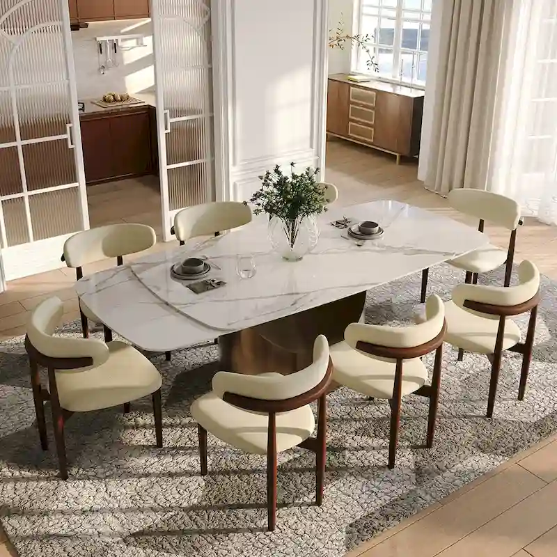63-95Extendable Modern Dining Table for 6-10, White Glossy Sintered Stone Tabletop, Bronze Carbon Steel Smile Legs