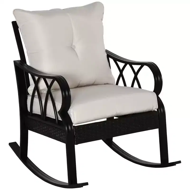 Outdoor Wicker Rocking Chair with Padded Cushions, Aluminum Furniture Rattan Porch Rocker Chair w/ Armrest for Garden, Patio, and Backyard, Khaki