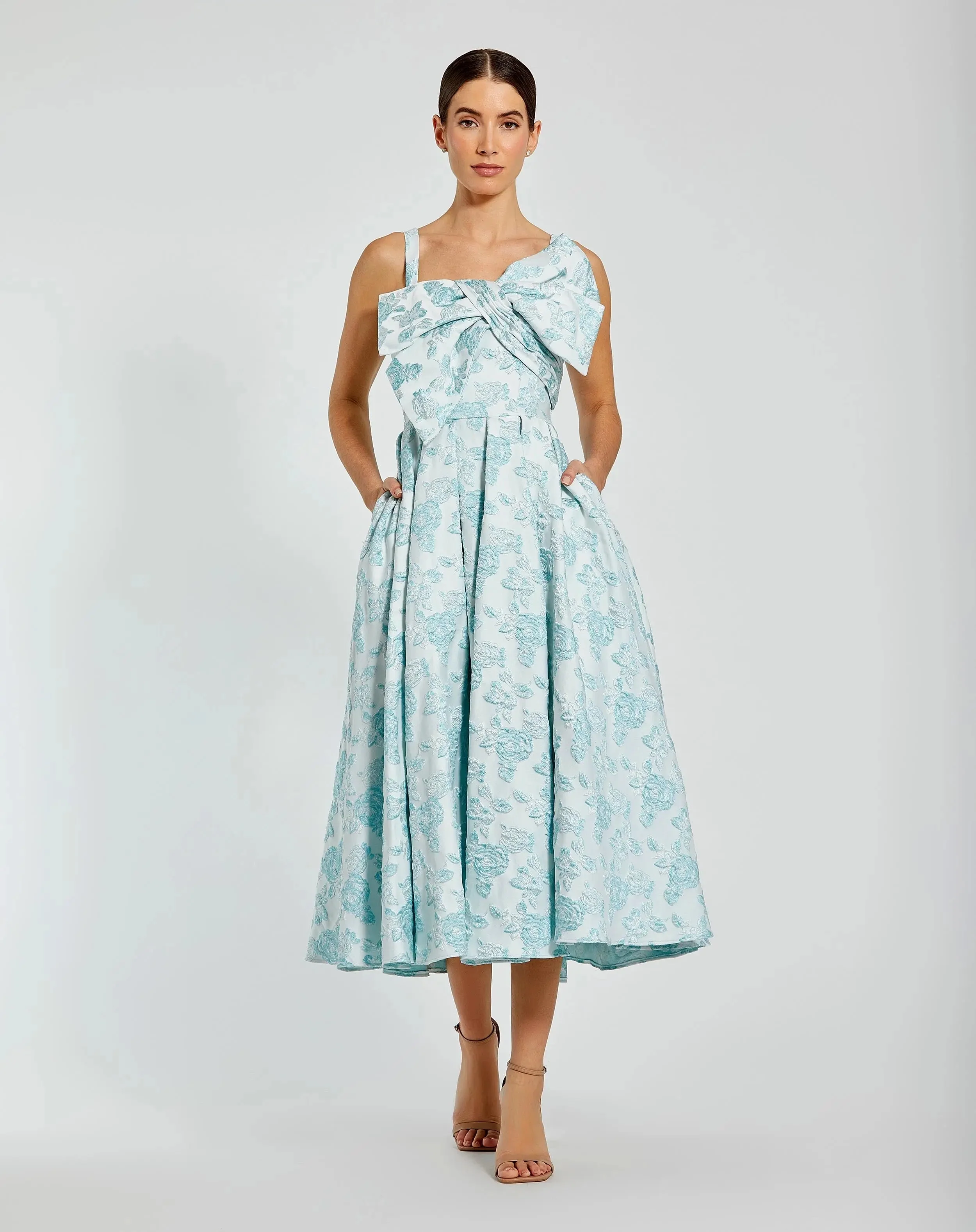 Blue Sleeveless Large Bow Detail Floral Brocade Dress