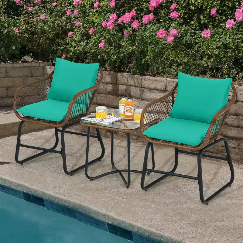 Costway 3PCS Patio Rattan Bistro Set Cushioned Chair Glass Table Deck White\Turquoise
