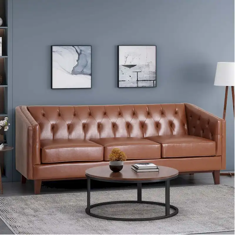 Light Brown Button Tufted 3-Seat Sofa
