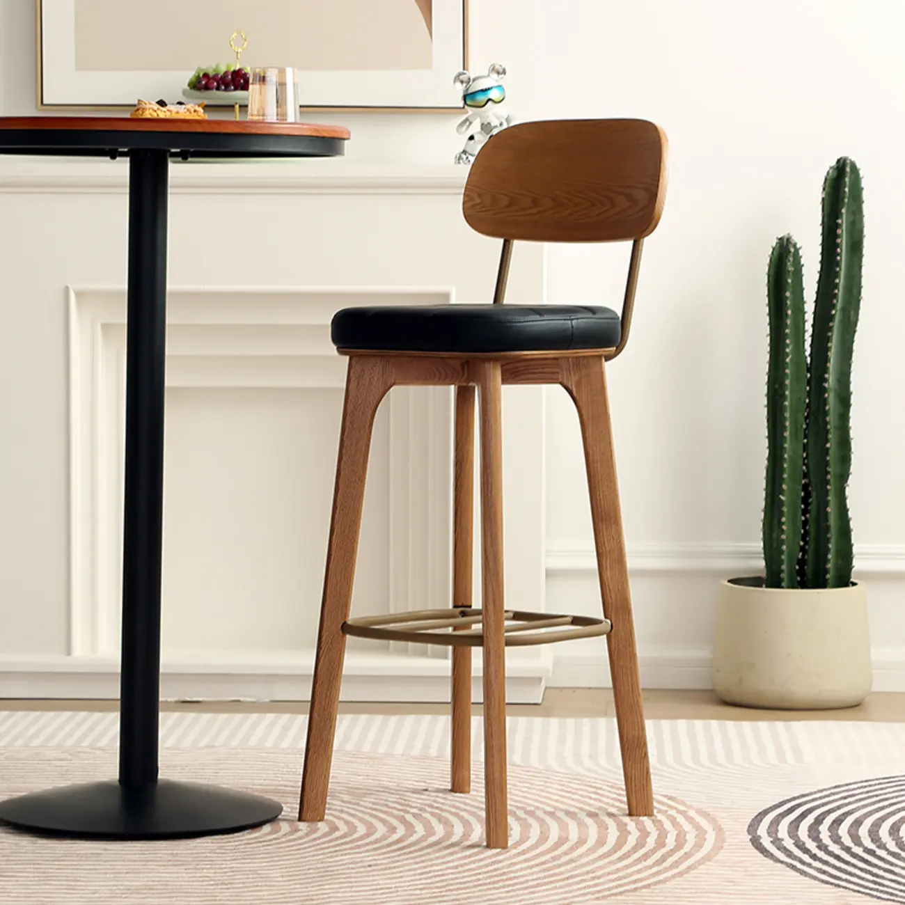 Wooden Square Leather Upholstered Bar Stool with Backrest