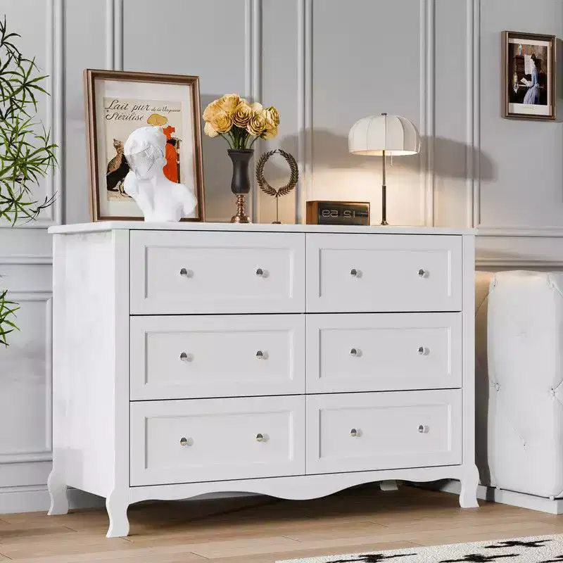 Karl Home White P2 Density Board Painted 47.2in 6 Drawer French Curved Legs