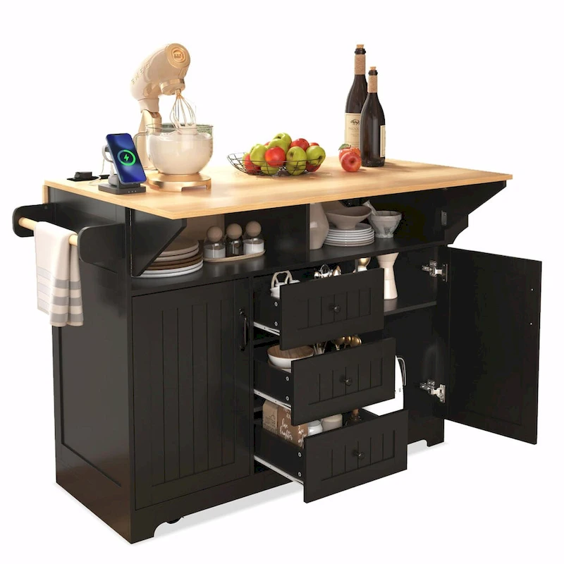 55.7 Kitchen Island with Drop Leaves, Rolling Cart with Power Outlet, Spice Rack, and 3 Drawers