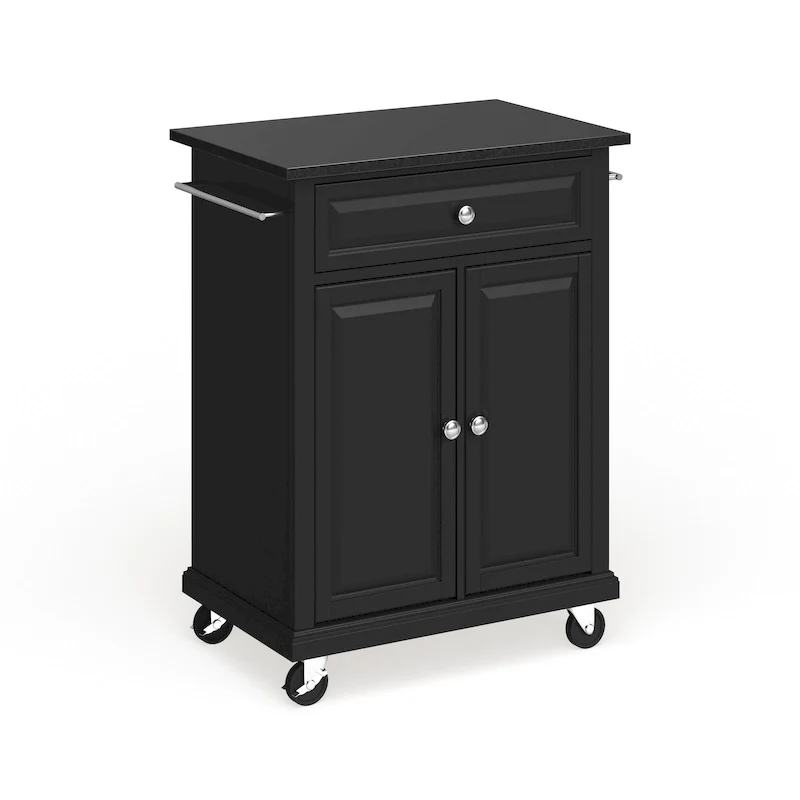 Compact Solid Black Granite Top Portable Kitchen Cart/ Island in Black Finish - 18d x 31w x 35.5h