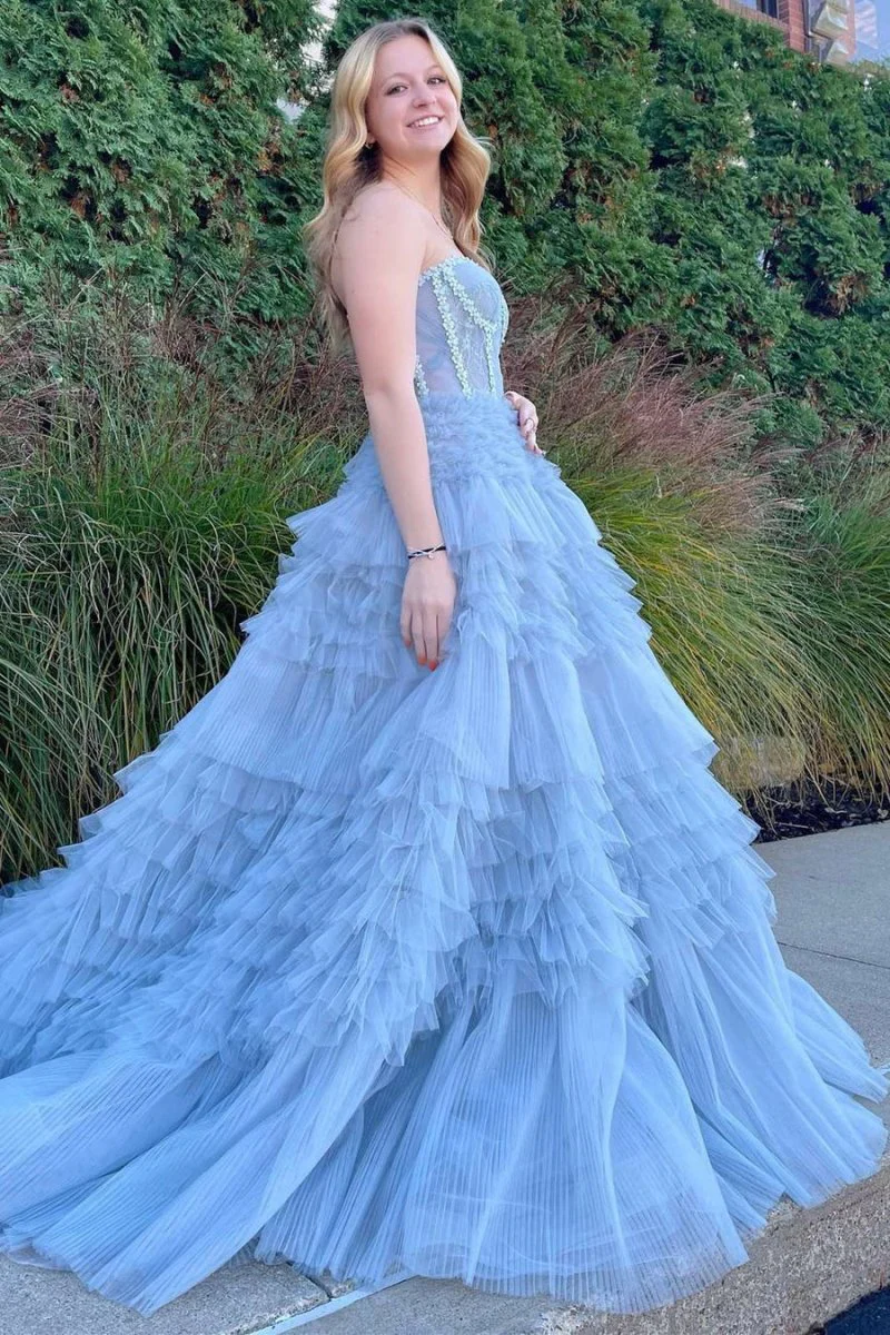 Princess A-line Strapless Tiered Tulle Prom Dress