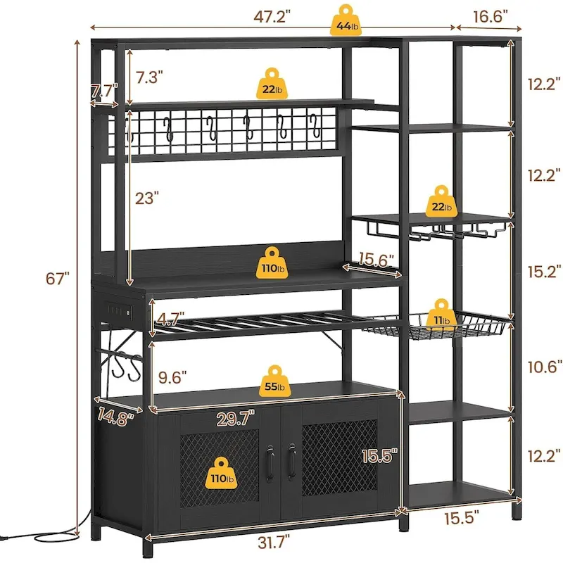 47.2 in Bakers Rack with Power Outlet Coffee Bar with Cabinet