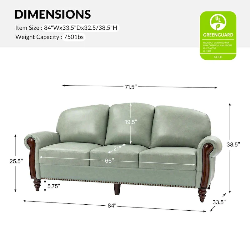 84 Traditional Genuine Leather Sofa with Carved Wood Legs