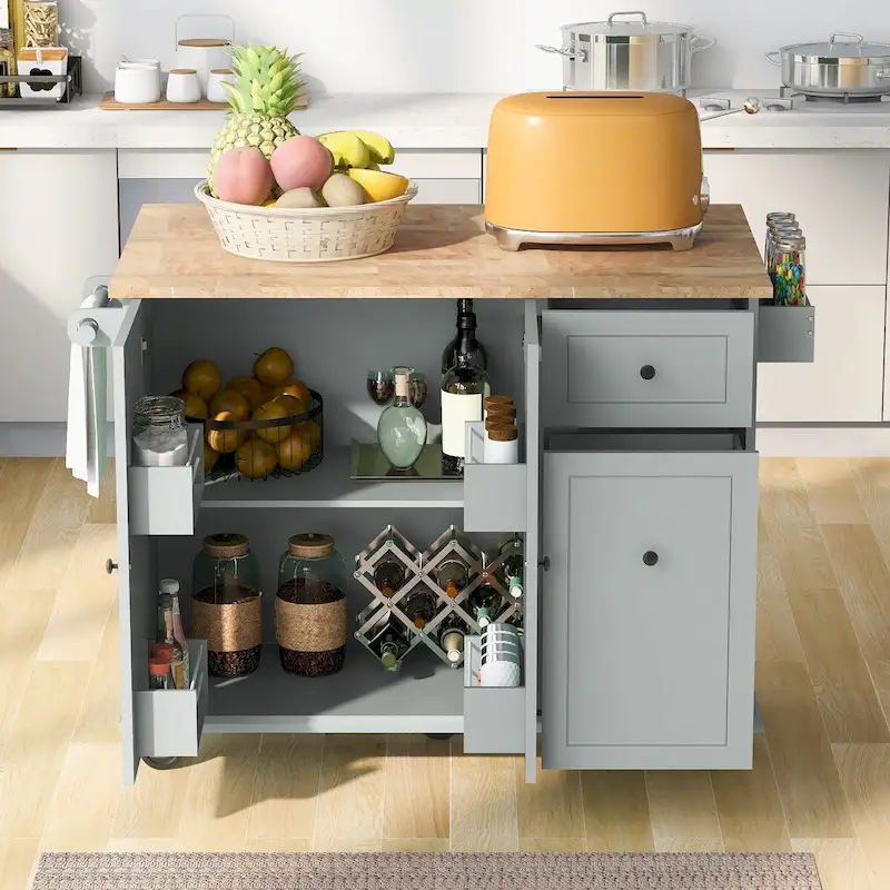 Kitchen Cart with Drop Leaf, Internal Storage Rack, and 2 Drawers