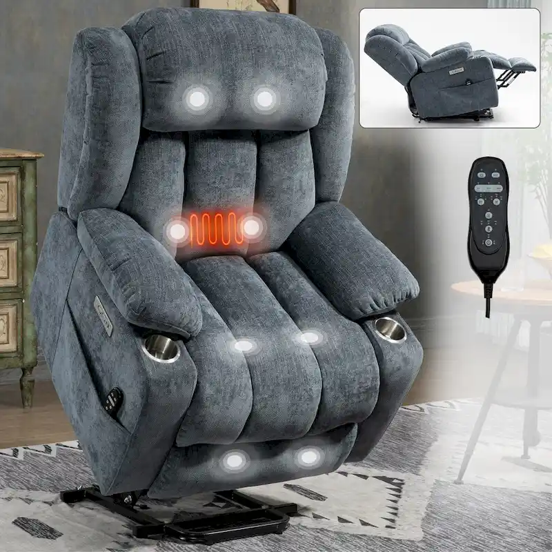 Blue Chenille Upholstered Power Lift Recliner with 8-Point Vibration Massage, Lumbar Heating, USB & Type-C Ports, Cup Holders