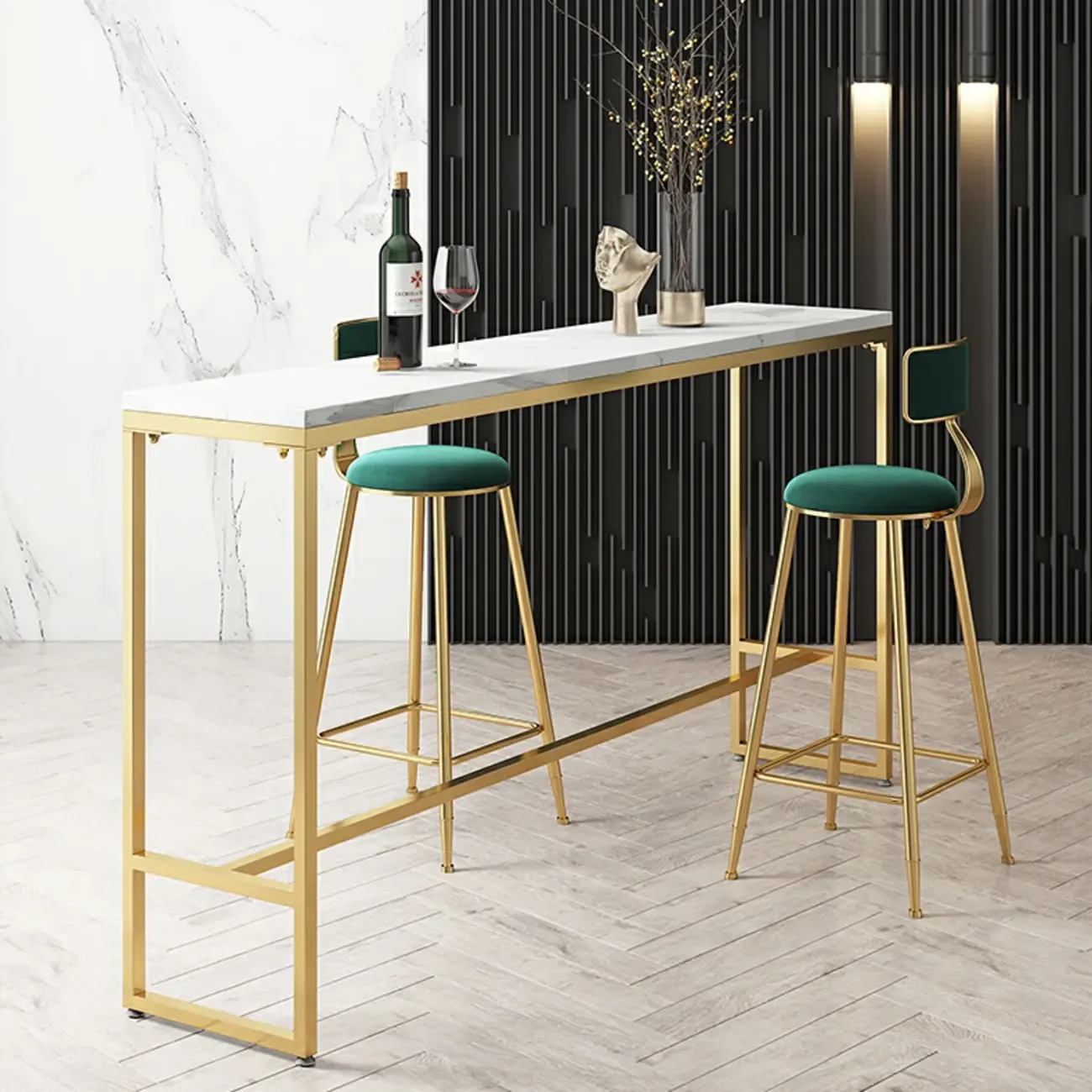Glam White Marble Gold Iron Trestle Footrest Bar Tables