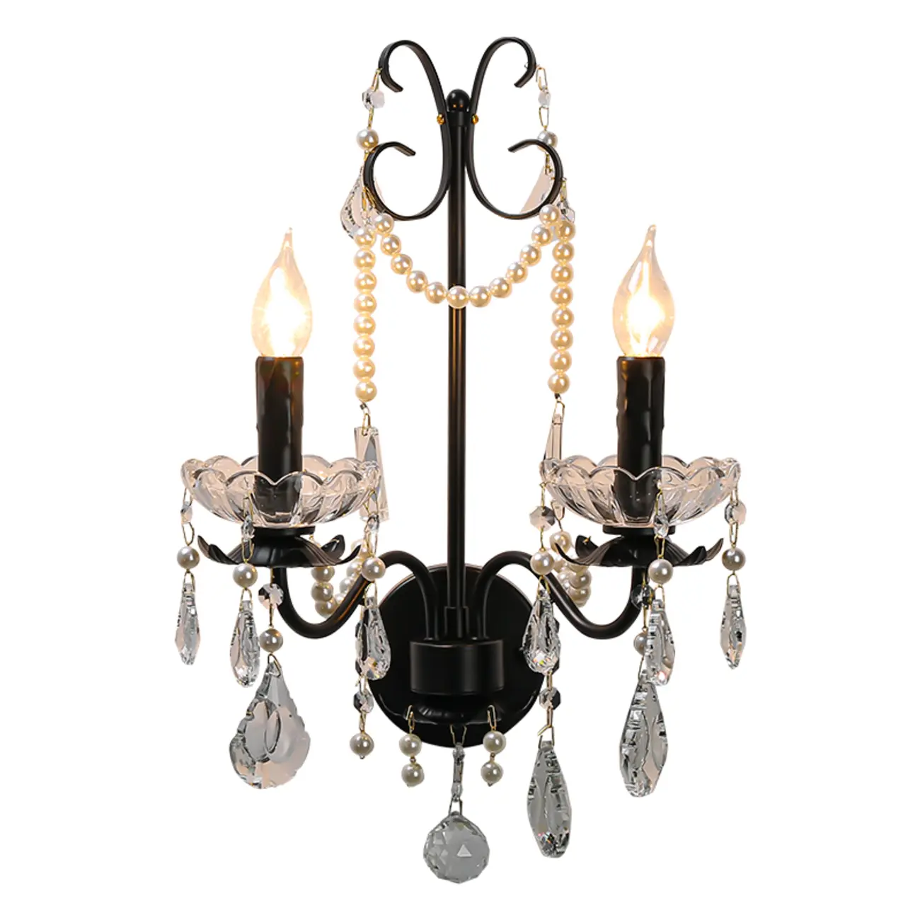 Black Modern 2-Light Candelabra Wall Sconce with Crystal
