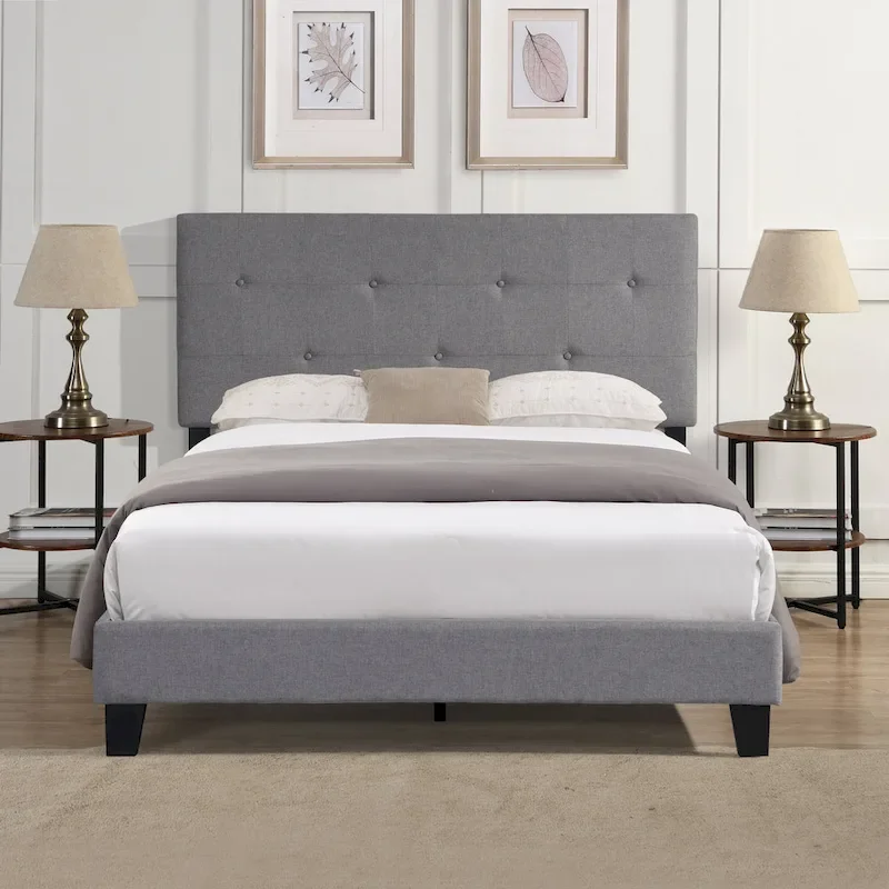 Gray Queen Upholstered Platform Bed, Linen Headboard, For 2