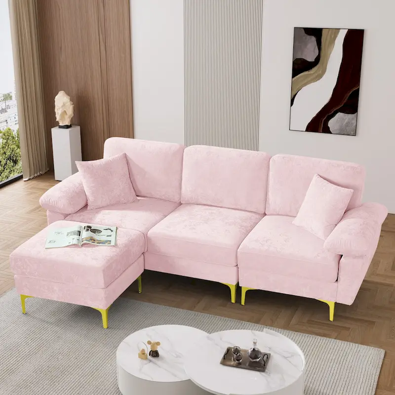 Ouyessir 2-Pieces Upholstered Velvet Sectional Sofa with 2 Pillows & Ottoman